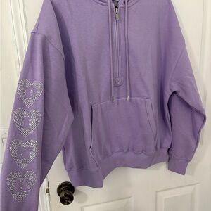 PINK Victoria's Secret Lavender Half-Zip Sweatshirt with Rhinestone Heart Sleeve